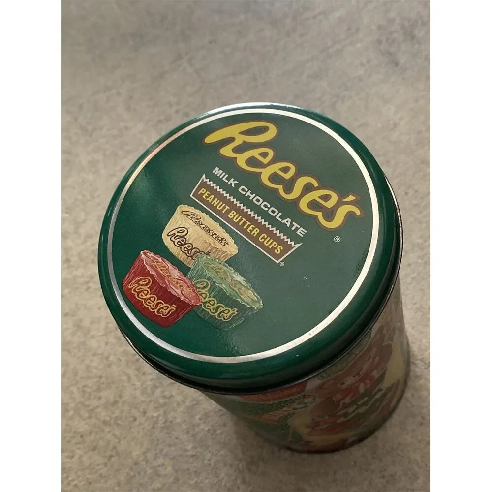 Vintage Collectible Tin - 1990 Hershey Reeses - Green Christmas Bear in Stocking